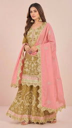 Mustard Gold Cosmos Silk Gota Patti Suit Set with Blush Pink Dupatta