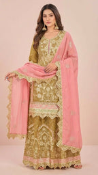 Mustard Gold Cosmos Silk Gota Patti Suit Set with Blush Pink Dupatta