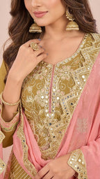 Mustard Gold Cosmos Silk Gota Patti Suit Set with Blush Pink Dupatta