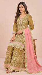 Mustard Gold Cosmos Silk Gota Patti Suit Set with Blush Pink Dupatta