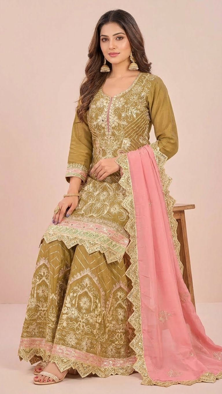 Mustard Gold Cosmos Silk Gota Patti Suit Set with Blush Pink Dupatta