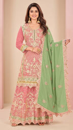 Blush Pink Cosmos Silk Gota Patti Suit Set with Sage Green Dupatta