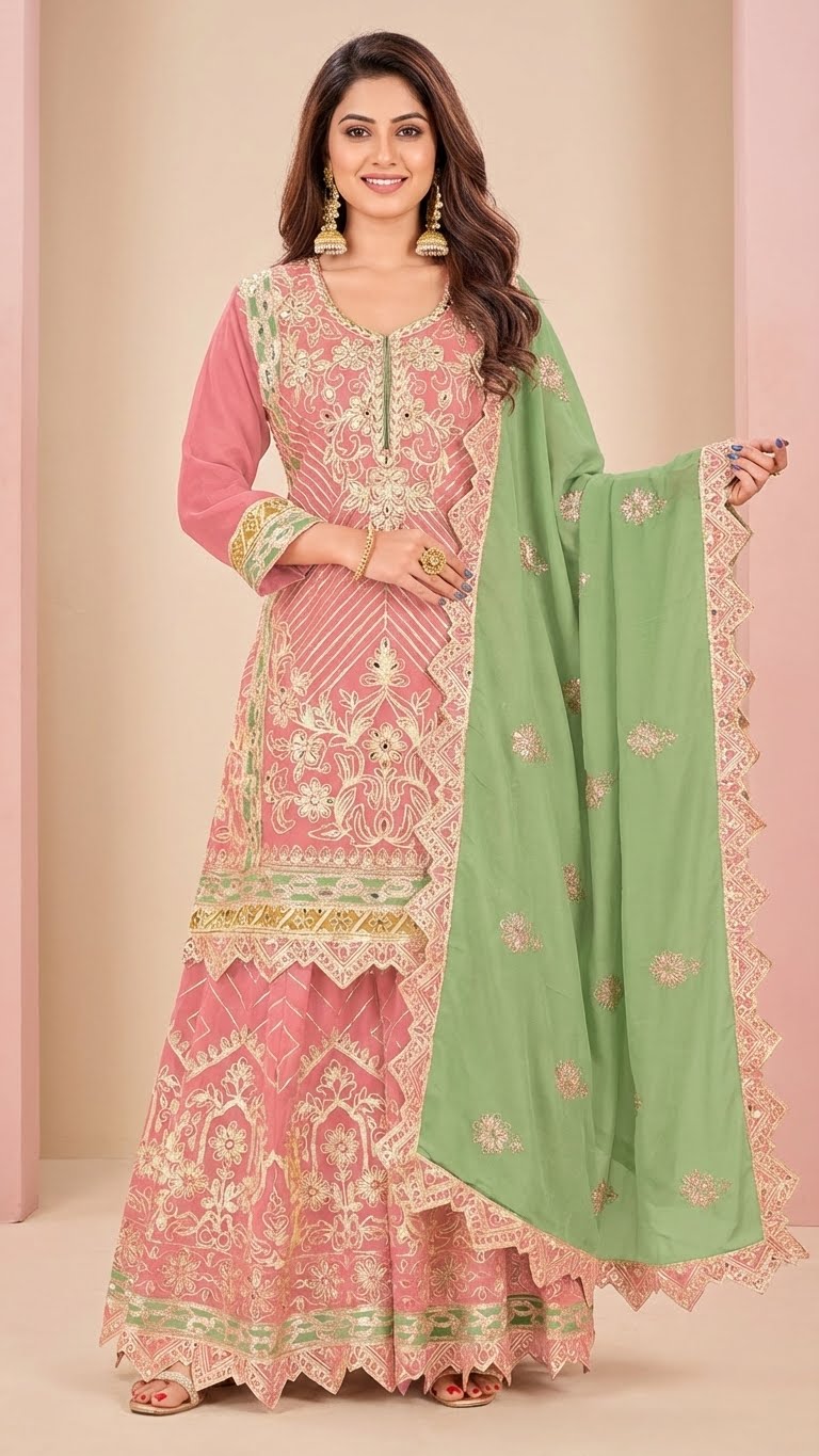 Blush Pink Cosmos Silk Gota Patti Suit Set with Sage Green Dupatta