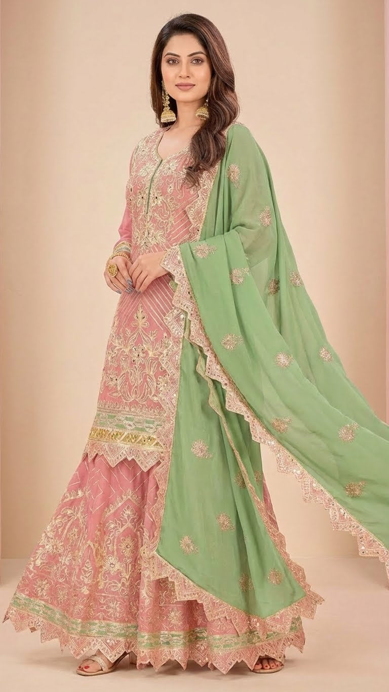 Blush Pink Cosmos Silk Gota Patti Suit Set with Sage Green Dupatta