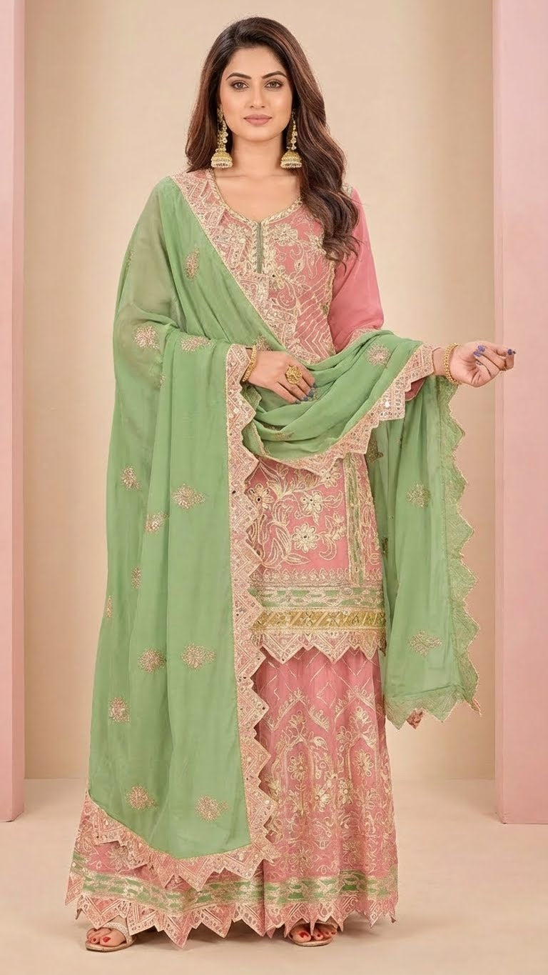 Blush Pink Cosmos Silk Gota Patti Suit Set with Sage Green Dupatta