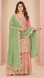 Blush Pink Cosmos Silk Gota Patti Suit Set with Sage Green Dupatta