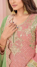 Blush Pink Cosmos Silk Gota Patti Suit Set with Sage Green Dupatta