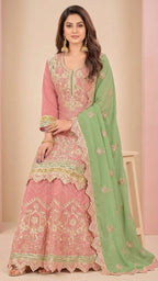 Blush Pink Cosmos Silk Gota Patti Suit Set with Sage Green Dupatta