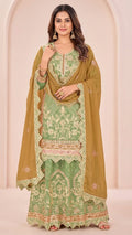 Sage Green Cosmos Silk Gota Patti Suit Set with Mustard Gold Dupatta