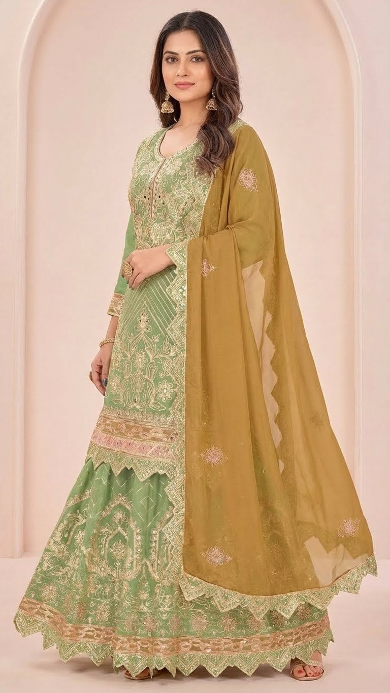 Sage Green Cosmos Silk Gota Patti Suit Set with Mustard Gold Dupatta