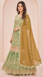 Sage Green Cosmos Silk Gota Patti Suit Set with Mustard Gold Dupatta