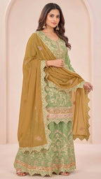Sage Green Cosmos Silk Gota Patti Suit Set with Mustard Gold Dupatta
