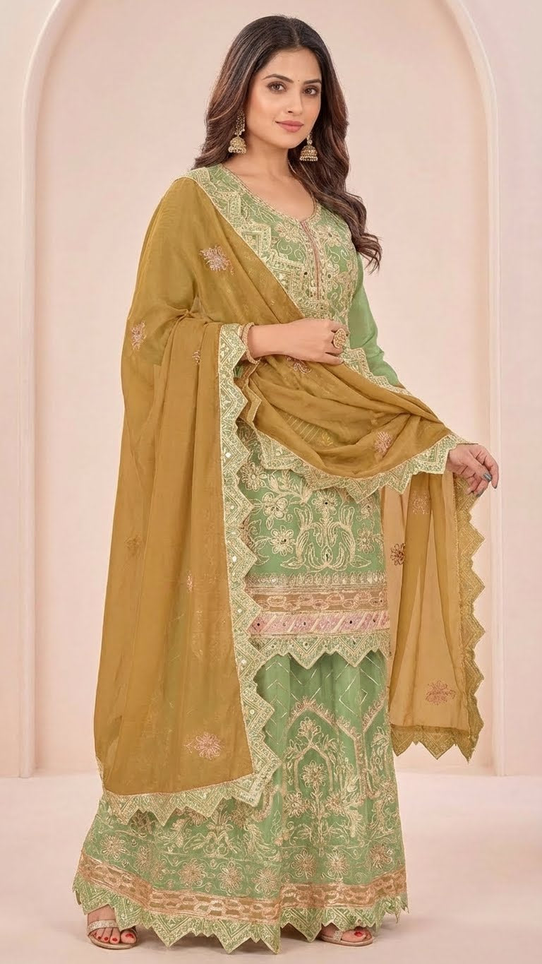 Sage Green Cosmos Silk Gota Patti Suit Set with Mustard Gold Dupatta