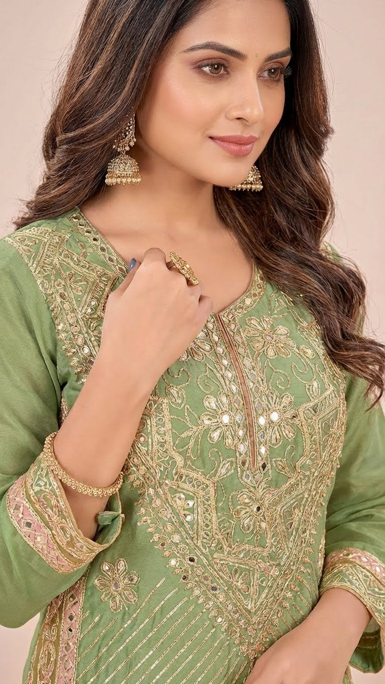 Sage Green Cosmos Silk Gota Patti Suit Set with Mustard Gold Dupatta