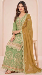 Sage Green Cosmos Silk Gota Patti Suit Set with Mustard Gold Dupatta