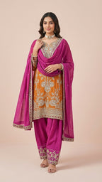 Mustard Orange & Magenta Chinon Farsi Style Salwar Suit