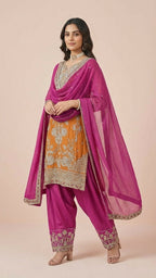 Mustard Orange & Magenta Chinon Farsi Style Salwar Suit