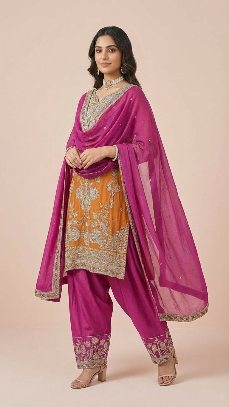 Mustard Orange & Magenta Chinon Farsi Style Salwar Suit