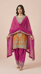 Mustard Orange & Magenta Chinon Farsi Style Salwar Suit
