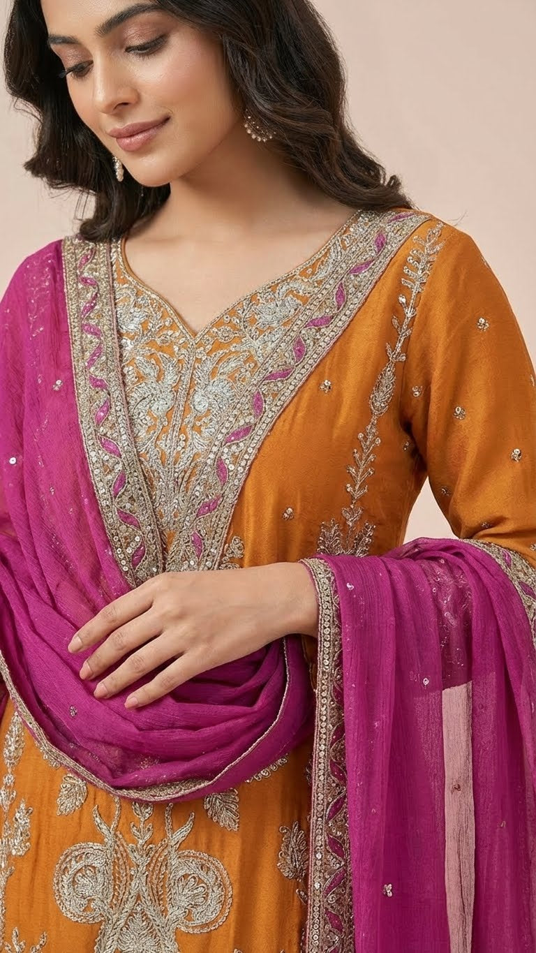 Mustard Orange & Magenta Chinon Farsi Style Salwar Suit