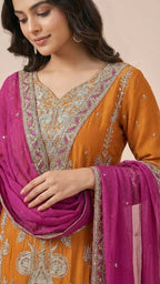 Mustard Orange & Magenta Chinon Farsi Style Salwar Suit