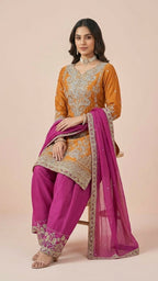 Mustard Orange & Magenta Chinon Farsi Style Salwar Suit