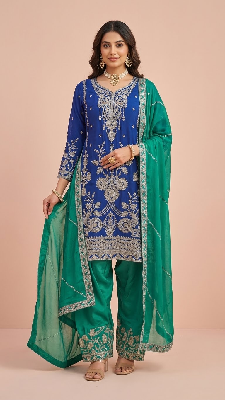 Royal Blue & Emerald Green Chinon Farsi Style Salwar Suit