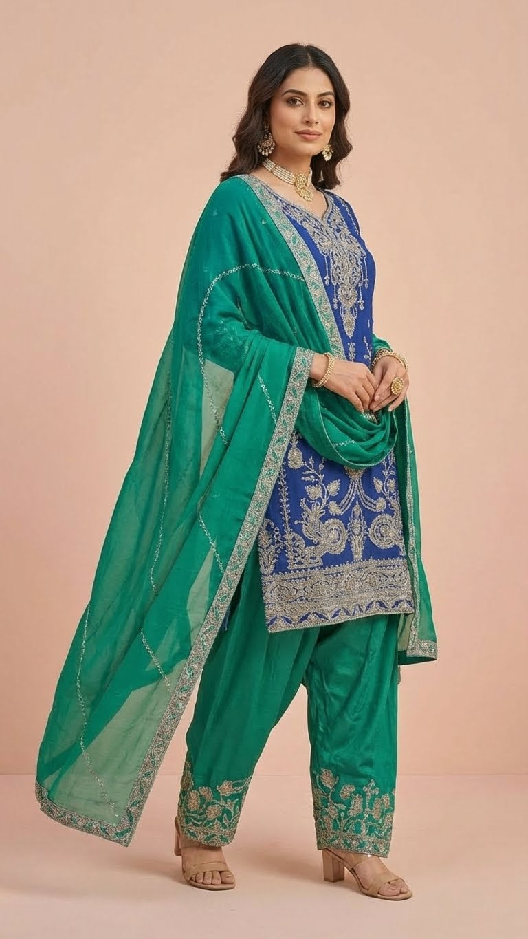 Royal Blue & Emerald Green Chinon Farsi Style Salwar Suit