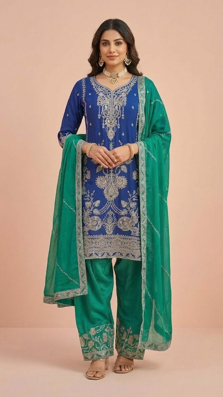 Royal Blue & Emerald Green Chinon Farsi Style Salwar Suit