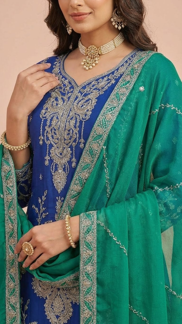 Royal Blue & Emerald Green Chinon Farsi Style Salwar Suit