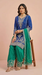 Royal Blue & Emerald Green Chinon Farsi Style Salwar Suit