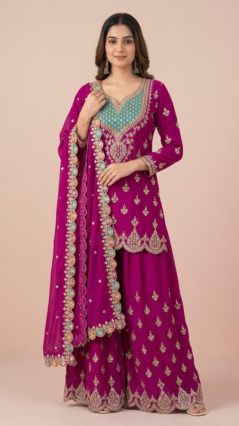 Vibrant Magenta Chinon Readymade Suit Set with Handwork Embroidery