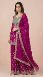 Vibrant Magenta Chinon Readymade Suit Set with Handwork Embroidery