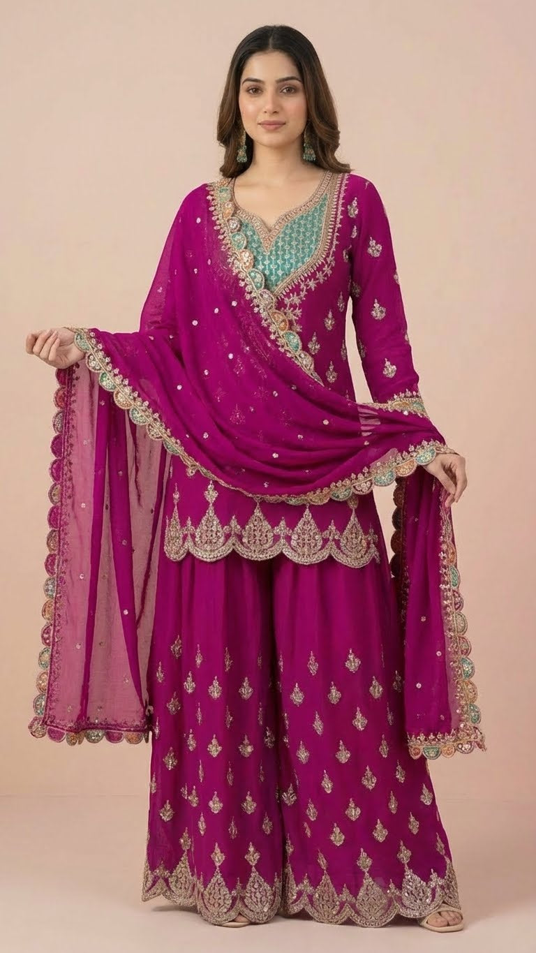 Vibrant Magenta Chinon Readymade Suit Set with Handwork Embroidery