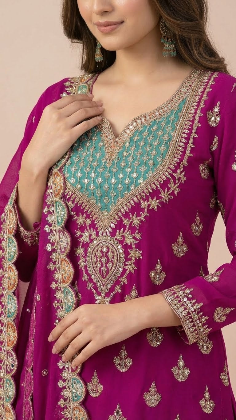 Vibrant Magenta Chinon Readymade Suit Set with Handwork Embroidery