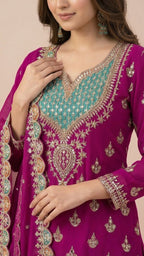 Vibrant Magenta Chinon Readymade Suit Set with Handwork Embroidery