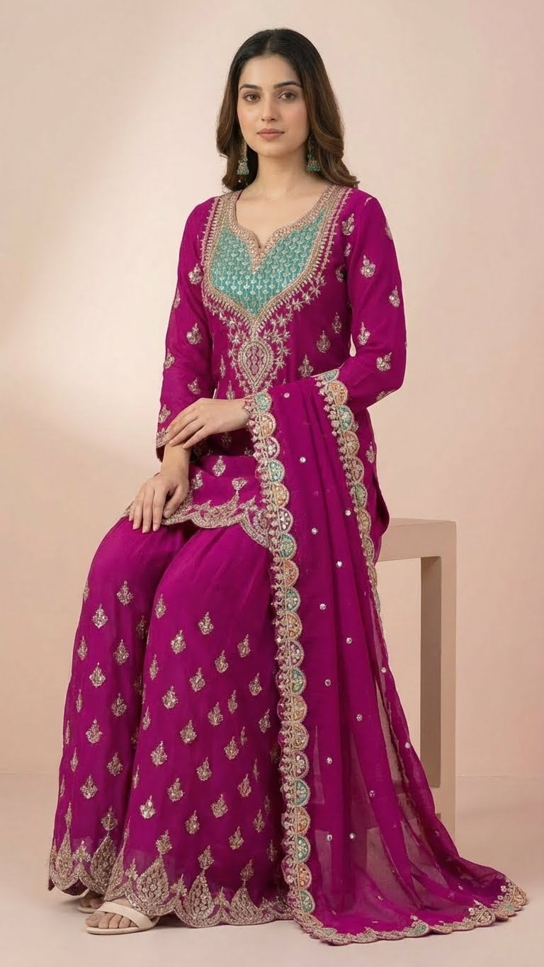 Vibrant Magenta Chinon Readymade Suit Set with Handwork Embroidery