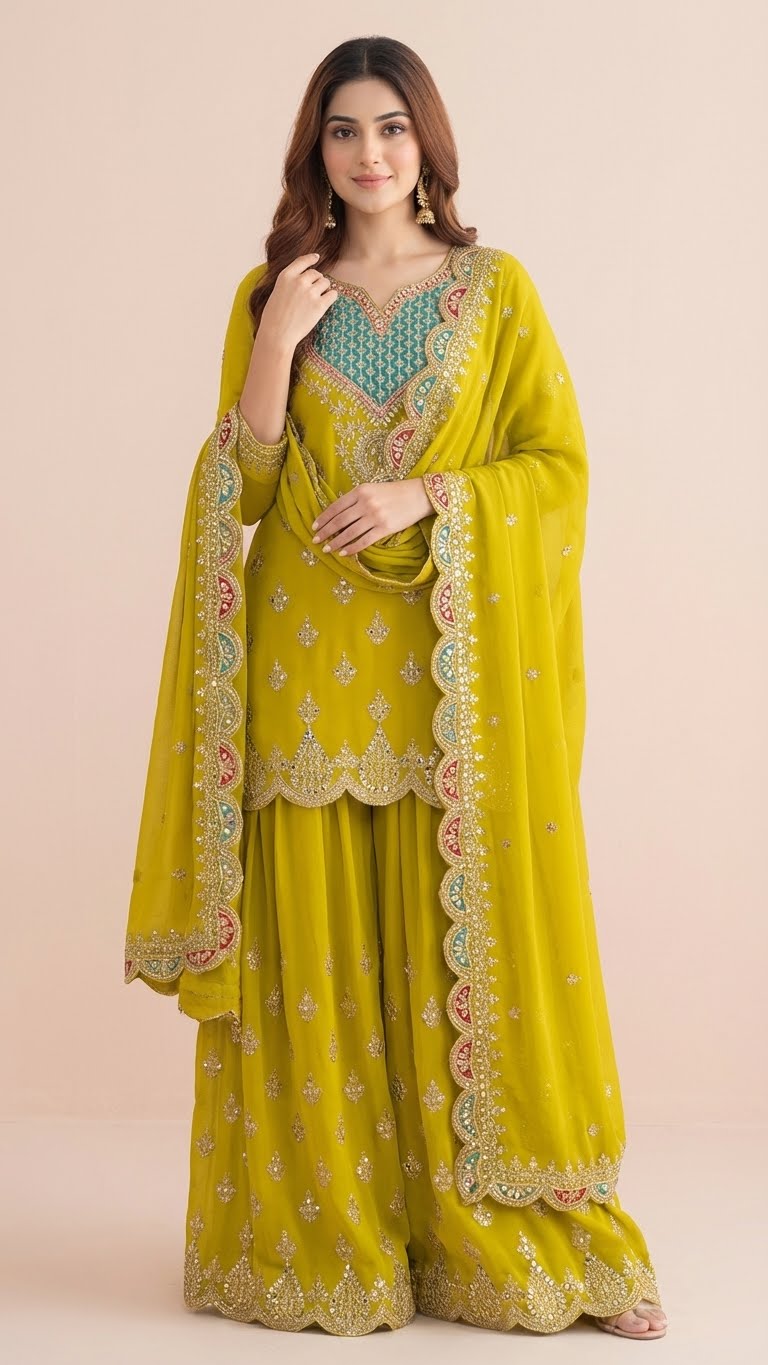 Lime Green Chinon Readymade Suit Set with Handwork Embroidery