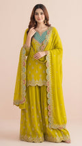 Lime Green Chinon Readymade Suit Set with Handwork Embroidery