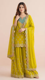 Lime Green Chinon Readymade Suit Set with Handwork Embroidery