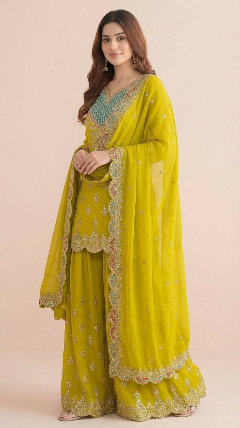 Lime Green Chinon Readymade Suit Set with Handwork Embroidery