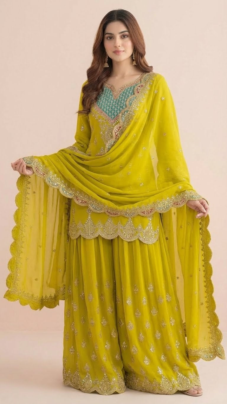 Lime Green Chinon Readymade Suit Set with Handwork Embroidery