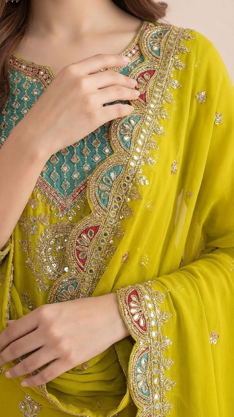 Lime Green Chinon Readymade Suit Set with Handwork Embroidery