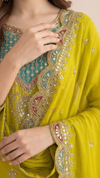 Lime Green Chinon Readymade Suit Set with Handwork Embroidery