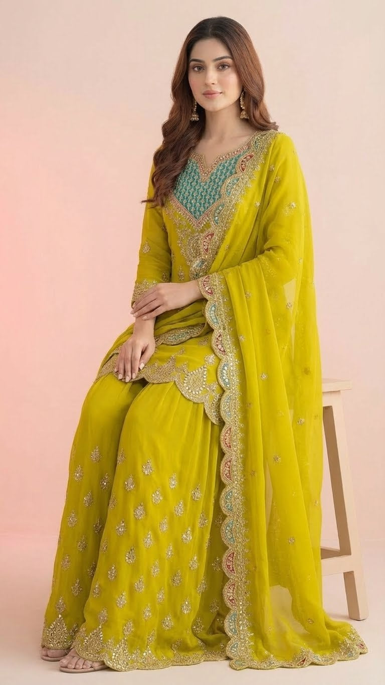 Lime Green Chinon Readymade Suit Set with Handwork Embroidery