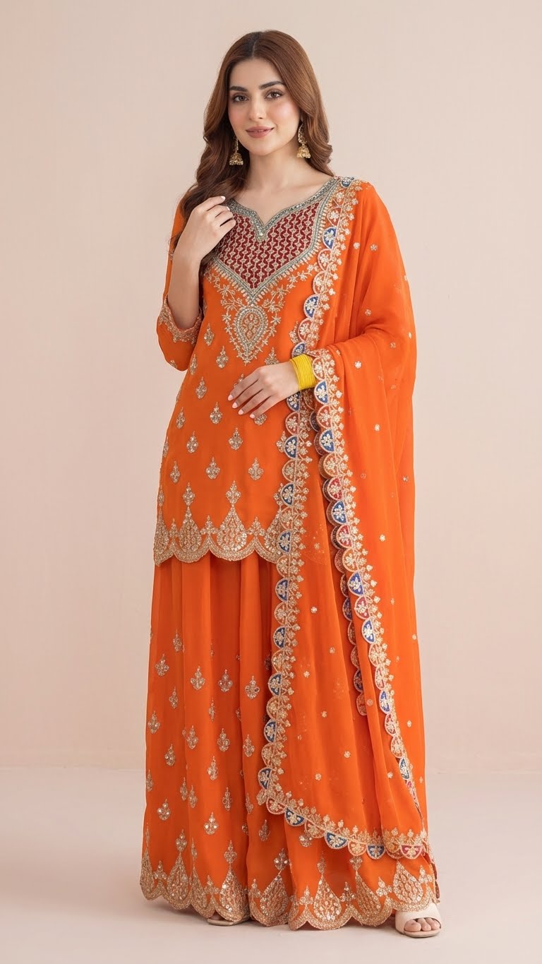 Vibrant Orange Chinon Readymade Suit Set with Handwork Embroidery