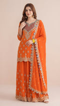 Vibrant Orange Chinon Readymade Suit Set with Handwork Embroidery
