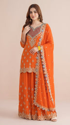 Vibrant Orange Chinon Readymade Suit Set with Handwork Embroidery
