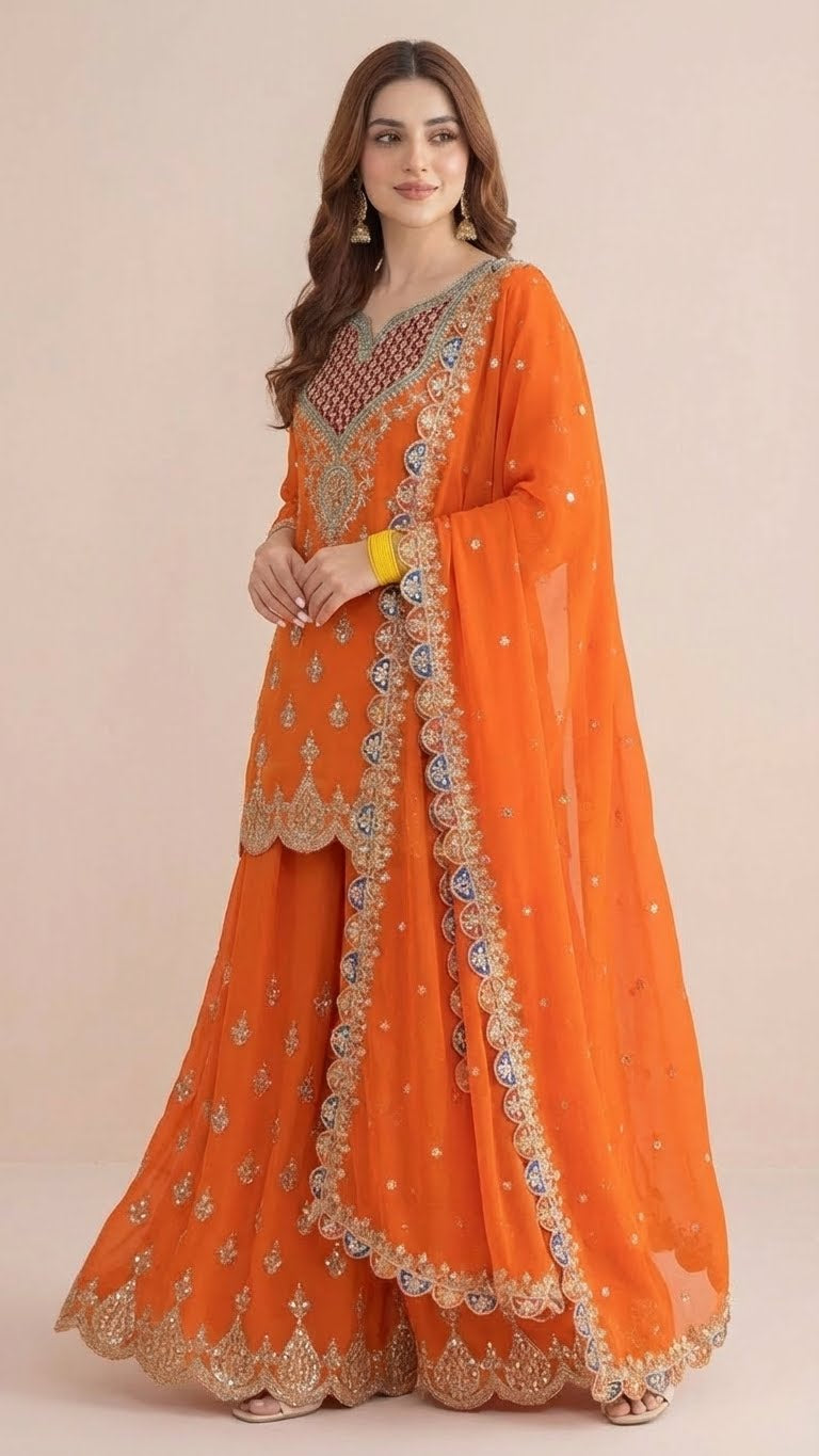 Vibrant Orange Chinon Readymade Suit Set with Handwork Embroidery