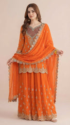 Vibrant Orange Chinon Readymade Suit Set with Handwork Embroidery
